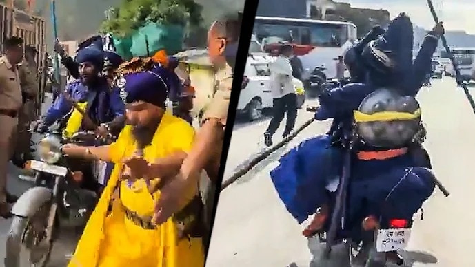 रुद्रप्रयाग के नागरासू गुरुद्वारे पर तीन दिनों से कब्जा जमाए हुए हथियारबंद निहंगों का समूह मंगलवार शाम को मोटरसाइकिल से चला गया. (Photo: Social Media)