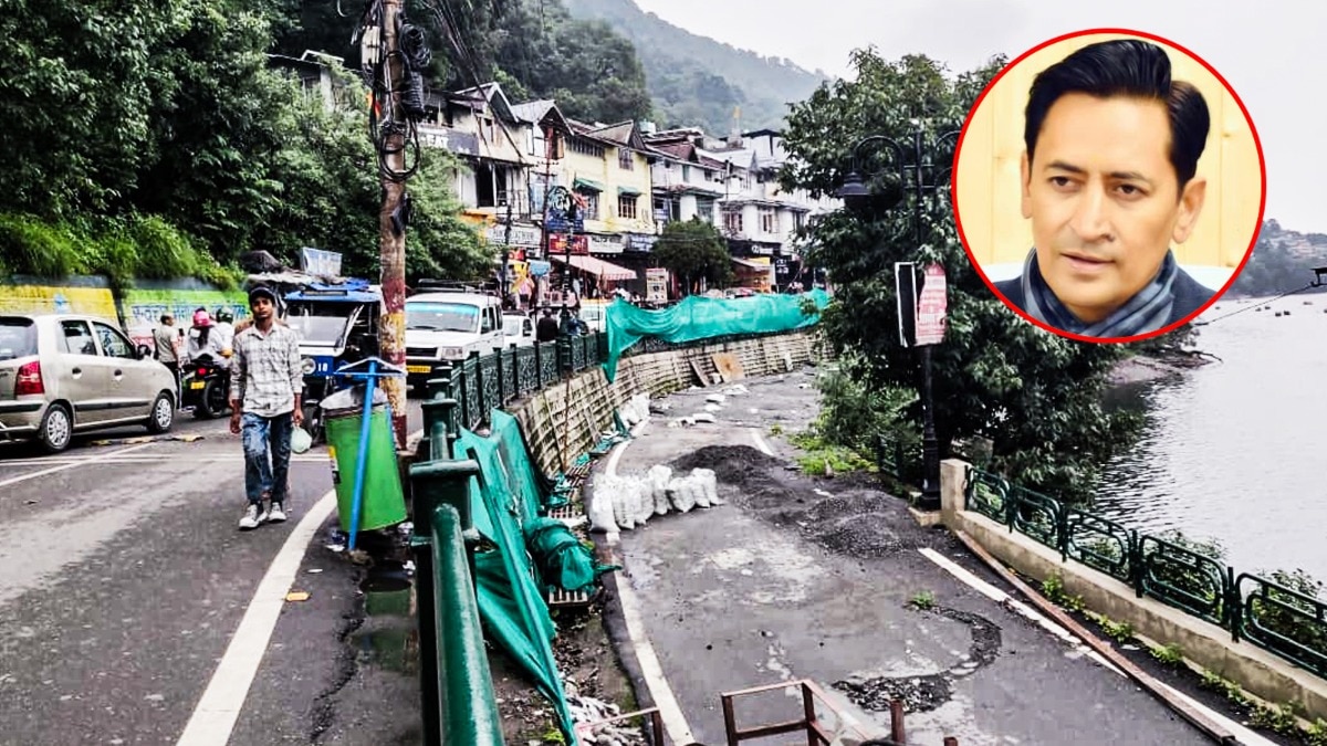 नैनीताल मॉल रोड के 40 मीटर क्षतिग्रस्त हिस्से का निर्माण एक साल बाद भी पूरा नहीं हो पाया. (Photo: Lila Singh Bisht/ITG)