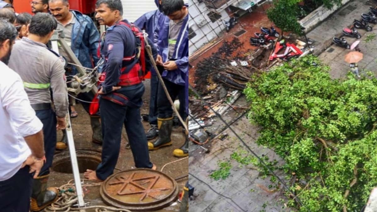 Open manhole and uprooted trees in Mumbai during Rain (Photo-PTI) 