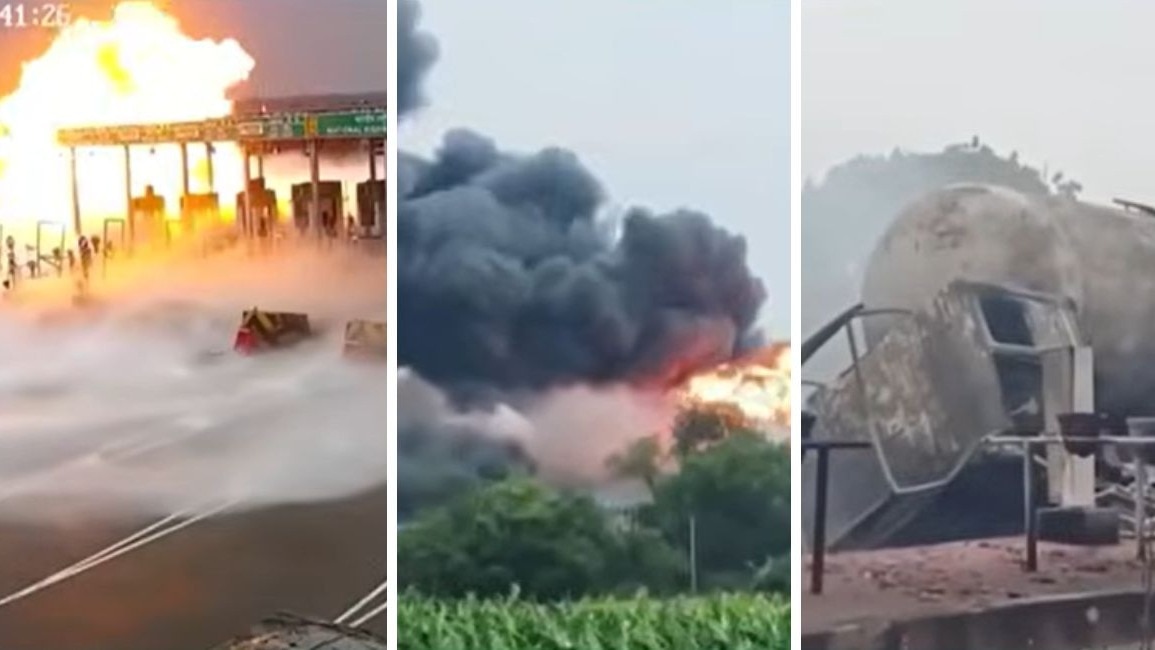 कौशाम्बी में हाइवे पर LPG टैंकर ब्लास्ट कर गया है. (Photo- ITG)