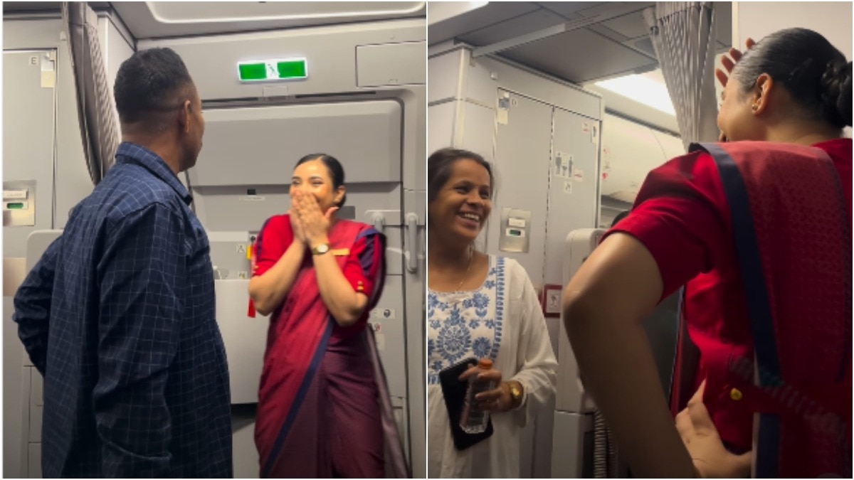 एयर होस्टेस ने अपने मम्मी- पापा का फ्लाइट में ऑनबोर्ड किया स्वागत, वीडियो वायरल (Photo - )