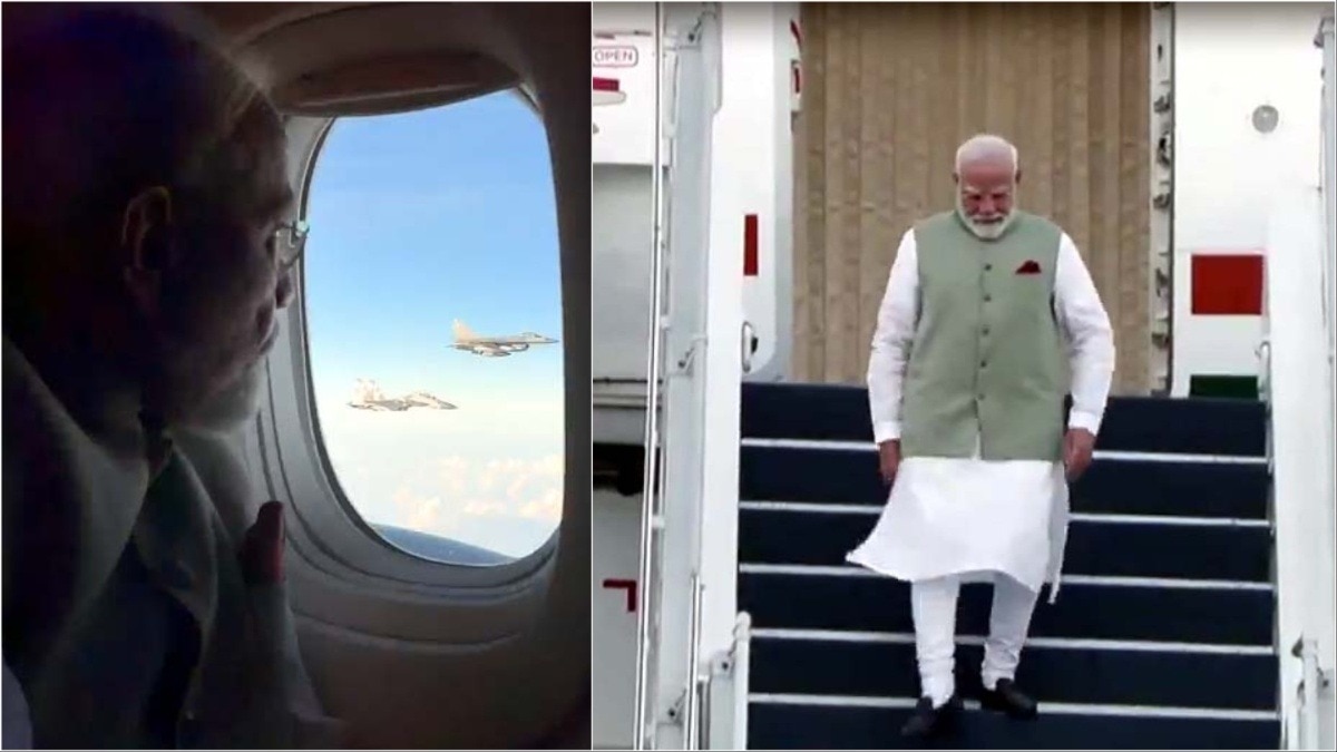 अपने प्लेन से इंडोनेशियाई फाइटर जेट्स को देखते पीएम मोदी. जकार्ता में उतरते मोदी. (Photo: ITG)
