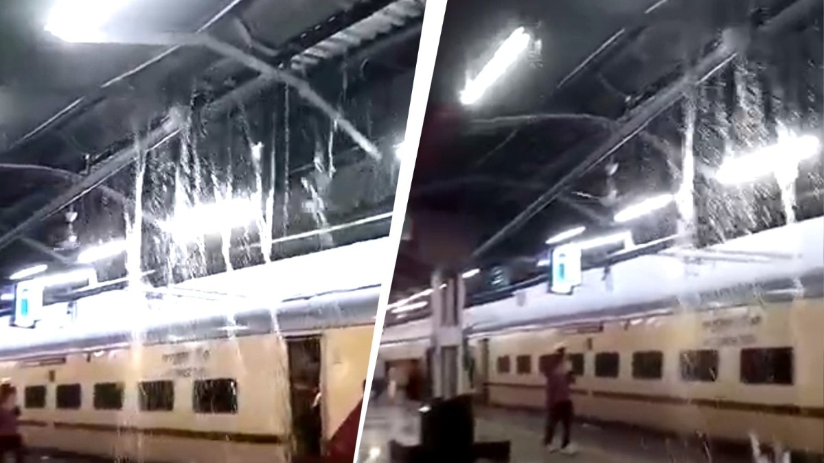 बारिश शुरू हुई तो रेलवे स्टेशन की छत से बहने लगा झरना, VIDEO वायरल