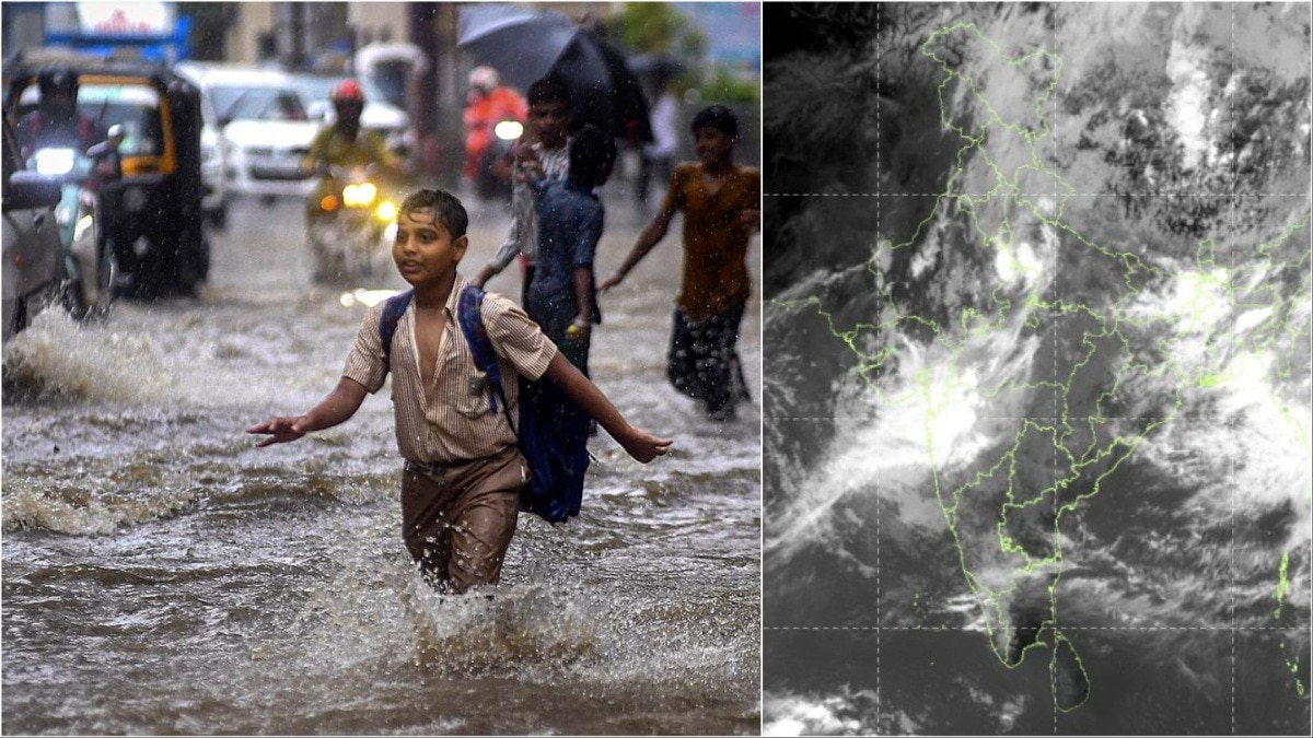 मुंबई में बारिश के दौरान पानी में डूबी सड़क पार करता लड़का और मौसम विभाग लेटेस्ट मैप. (Photo: PTI/IMD)