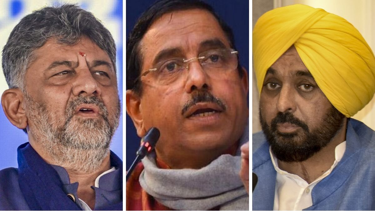 कर्नाटक के मुख्यमंत्री डीके शिवकुमार, केंद्रीय मंत्री प्रह्लाद जोशी और पंजाब के मुख्यमंत्री भगवंत मान. (Photo: PTI/ITG)