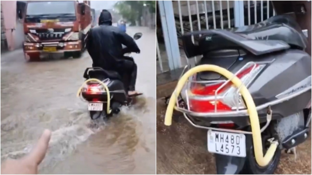 बारिश के मौसम में स्कूटी और बाइक में ये पाइप का जुगाड़ लगा रहे हैं लोग (Photo - X/@Savit12) 