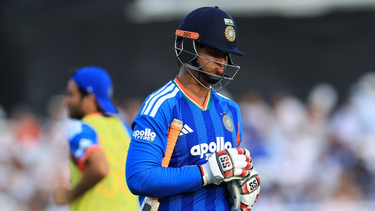 India's Vaibhav Sooryavanshi reacts as he walks back to the pavilion after losing his wicket for 13 runs during the third Twenty20 (T20) international cricket match between England and India