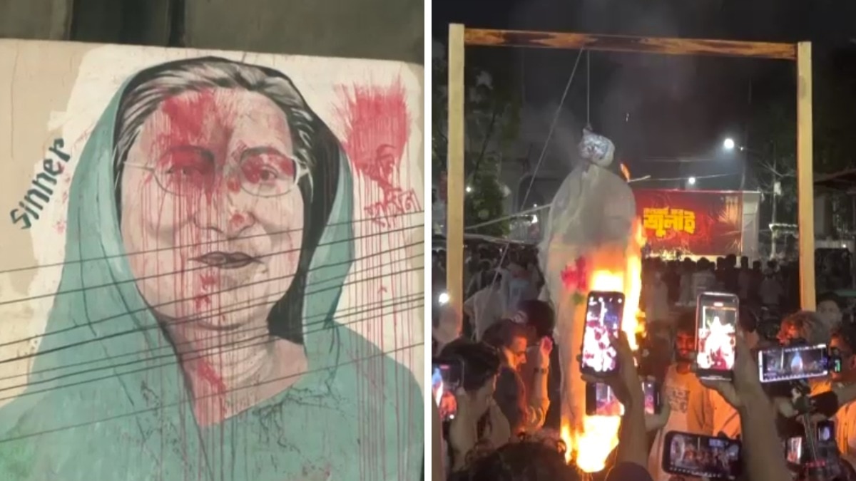बांग्लादेश में दीवारों पर शेख हसीना की भद्दी पेंटिंग्स बनाई गईं. उनके पुतले भी फूंके गए. (वीडियो ग्रैब- रॉयटर्स)