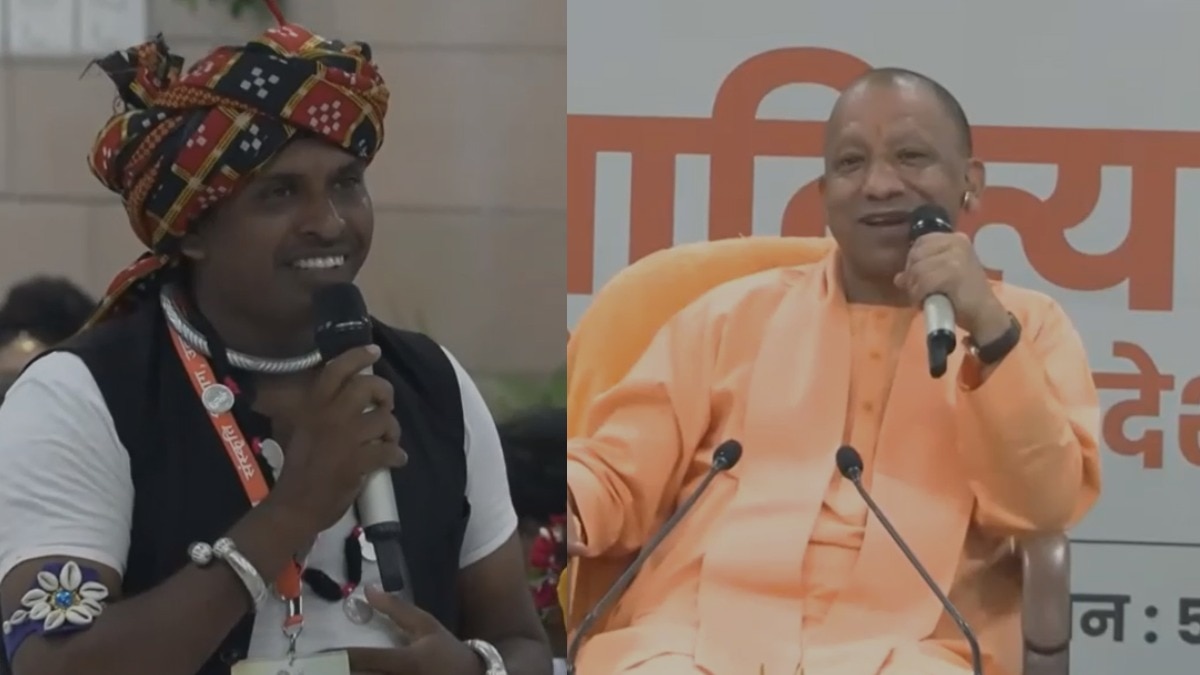छत्तीसगढ़ के कलाकार के सवाल का जवाब सीएम योगी ने मजाकिया अंदाज में दिया. (फोटो-ITG)