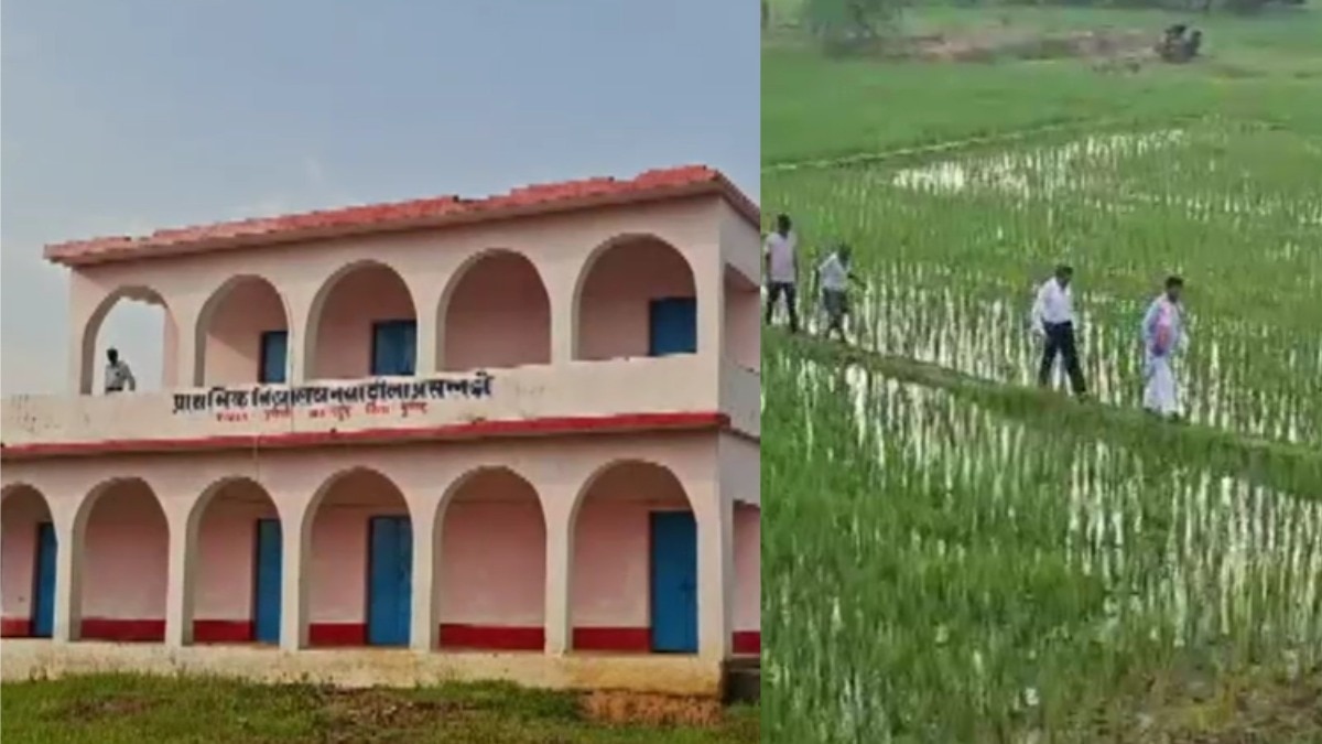 मुंगेर में खेतों के बीच बने स्कूल भवन तक पहुंचने के लिए रास्ता नहीं है. (फोटो-ITG)