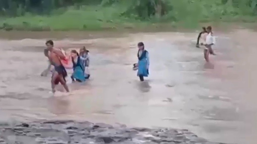 उफनते नाले को पार कर स्कूल जाते बच्चे. (Photo: Screengrbs)