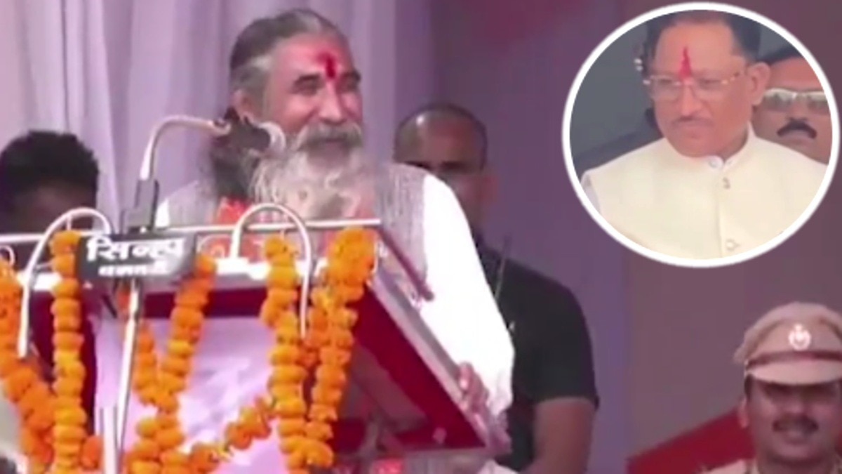महतारी वंदन योजना कार्यक्रम के दौरान BJP सांसद भोजराज नाग का भाषण.(Photo:ITG)