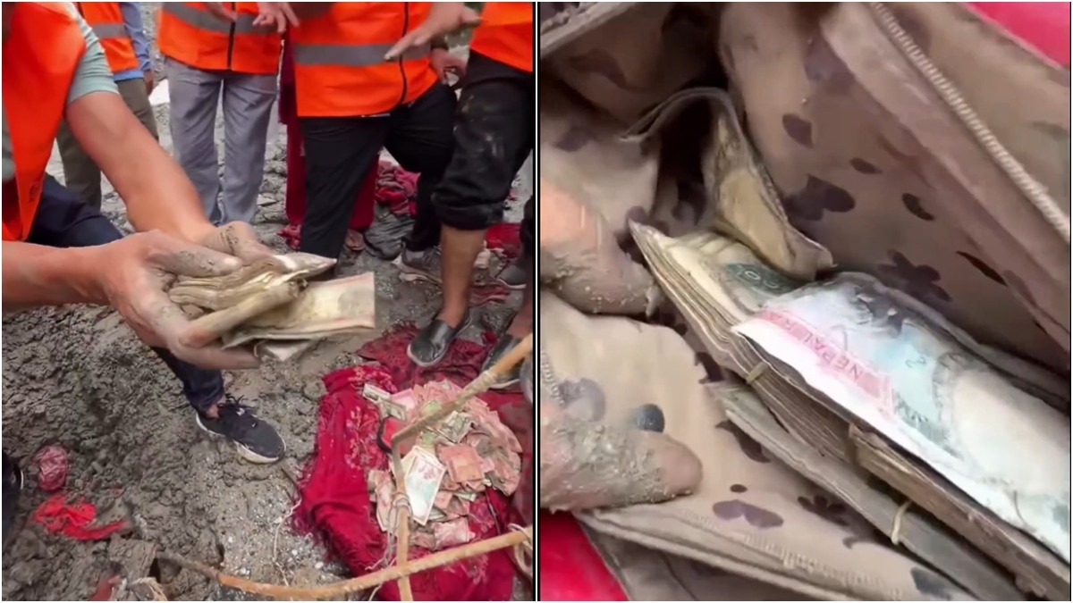 नेपाल में आई बाढ़ के बाद अब वहां मलबे के नीचे से नोटों की गड्डियां मिलने के वीडियो वायरल हो रहे हैं (Photo - X/@@Rudhrayadav001)
