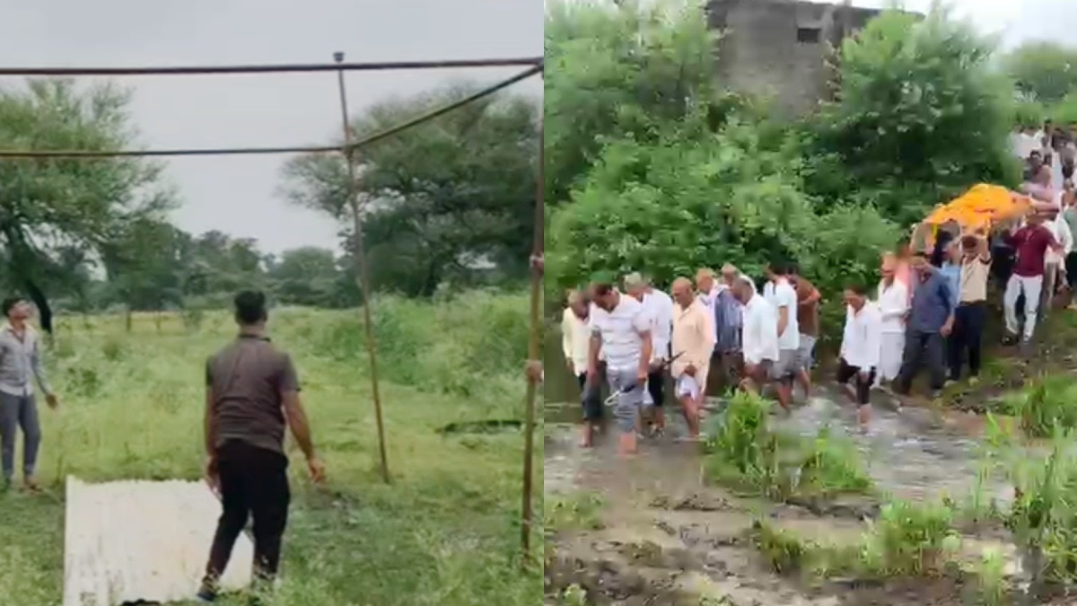 बारिश में बास के सहारे चद्दर और नीचे जलती चिता.(Photo:Screengrab)