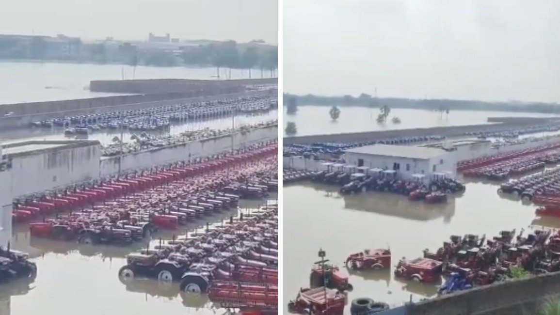 गंगा का पानी फैलने से जलमग्न हो गया और सैकड़ों ट्रैक्टर पानी से घिरे नजर आए (Photo-ANI)