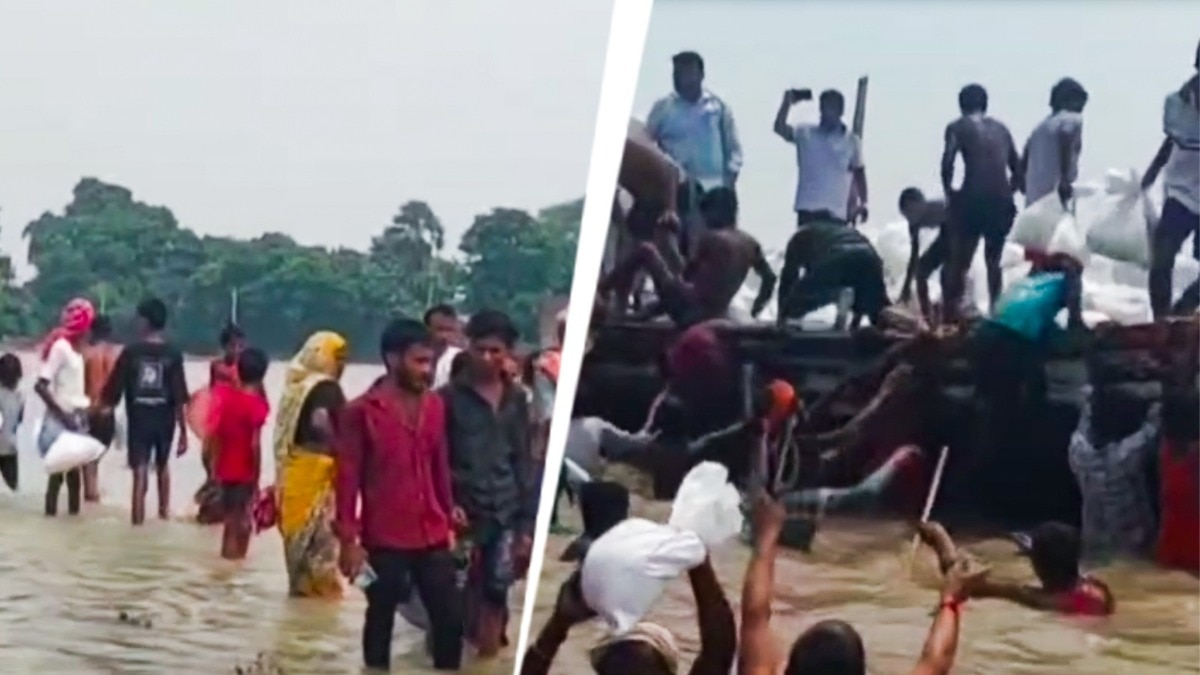 सरकारी नाव देखते ही राशन के लिए टूट पड़ी भीड़. (Photo: Screengrab)
