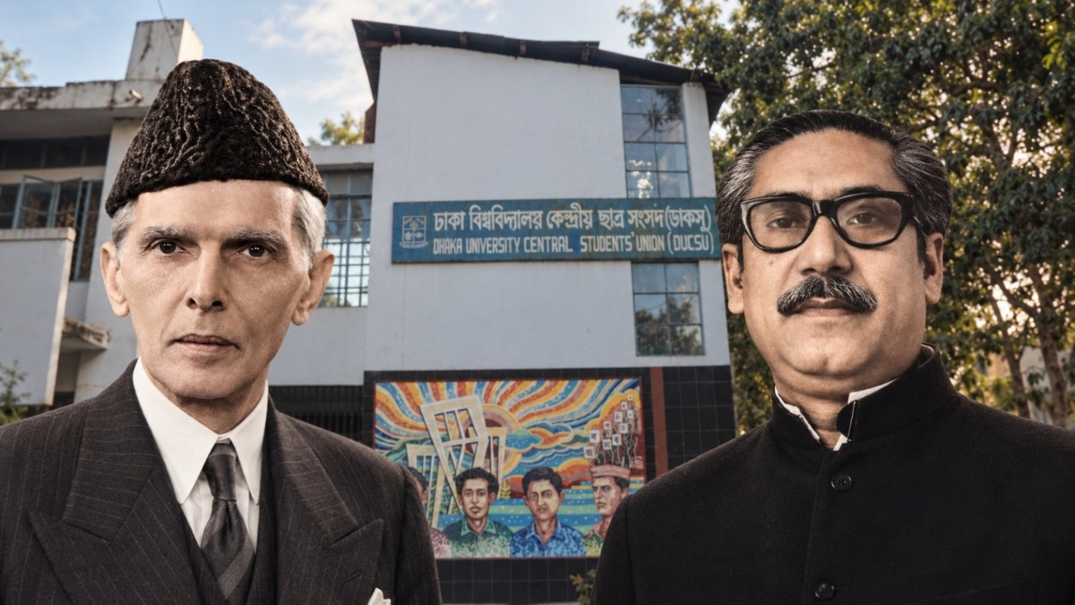 ढाका यूनिवर्सिटी में बांग्लादेश के नेता मुजीबुर्रहमान की तस्वीरें हटा दी गईं. (Photo: ITG)