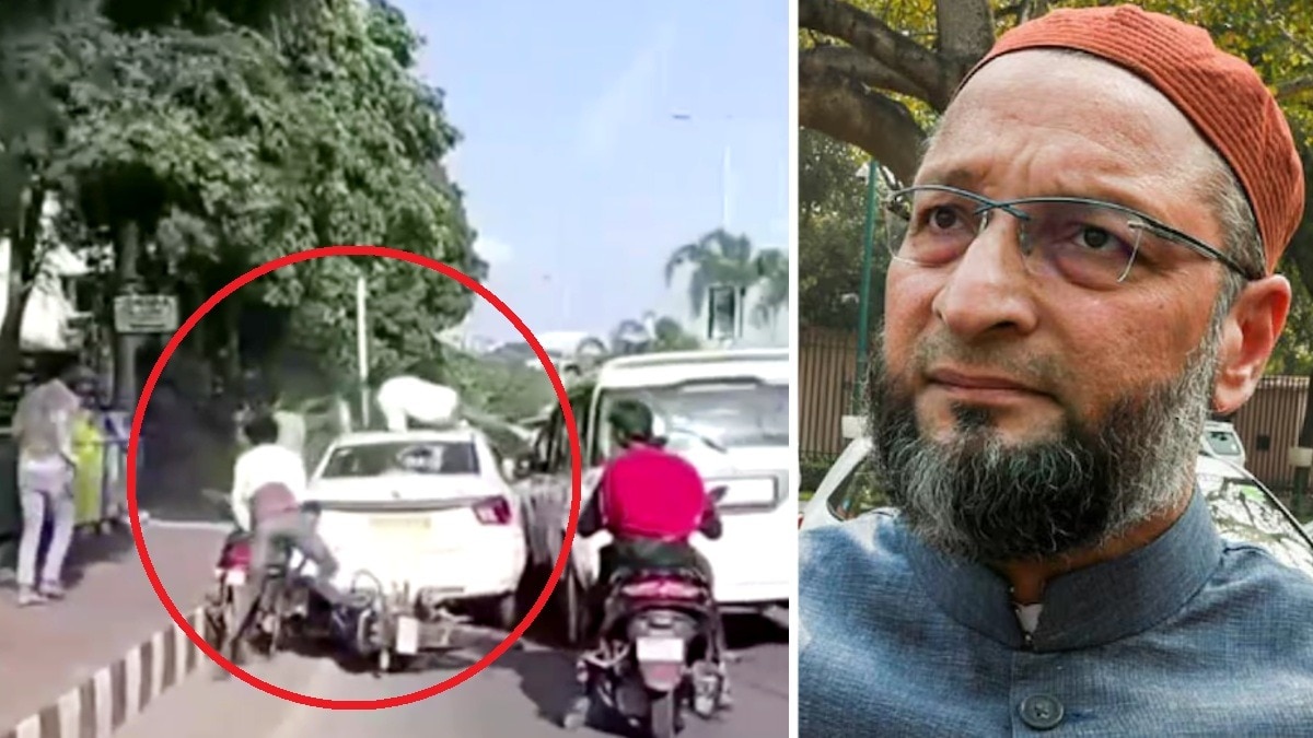 ओवैसी के काफिले में अचानक ब्रेक लगने से हुआ हादसा.(Photo:ITG)