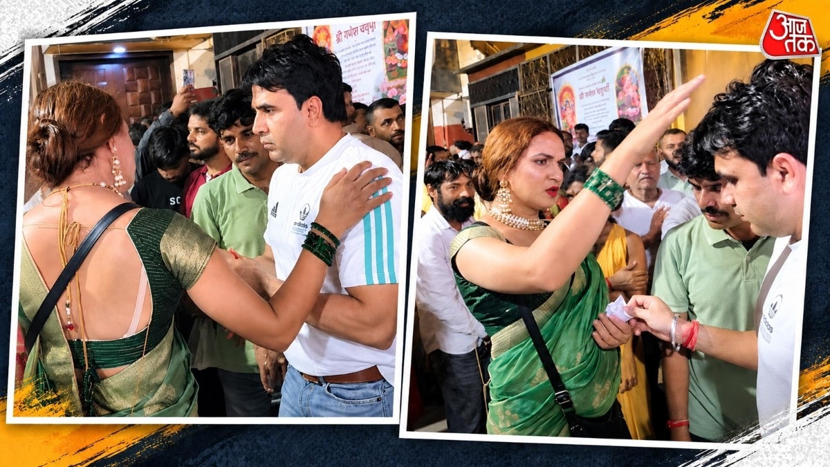 मंदिर के बाहर अनुज चौधरी को किन्नरों ने रोका, रुपये मिलते ही सिर पर हाथ फेरकर दिया आशीर्वाद