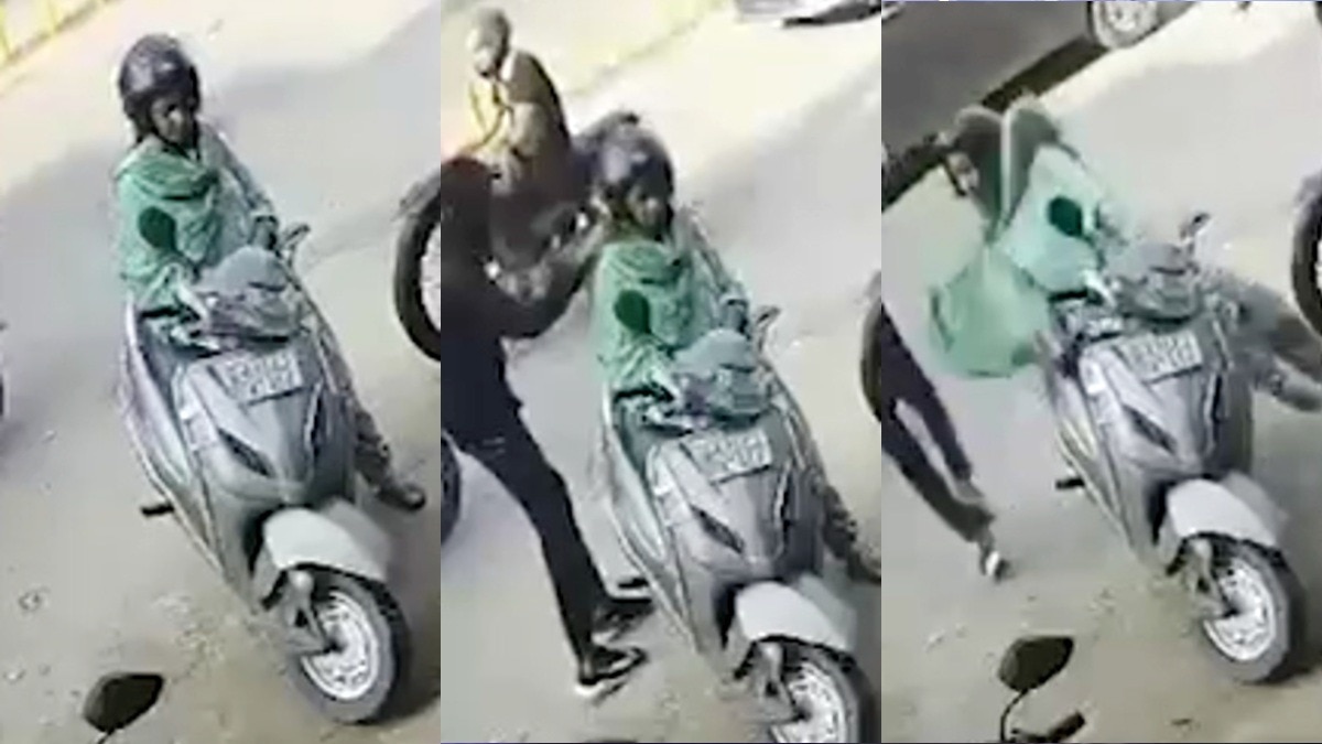 जयपुर के दुर्गापुरा मार्केट में दिनदहाड़े सोने की चेन झपटी.(Photo:Screengrab)