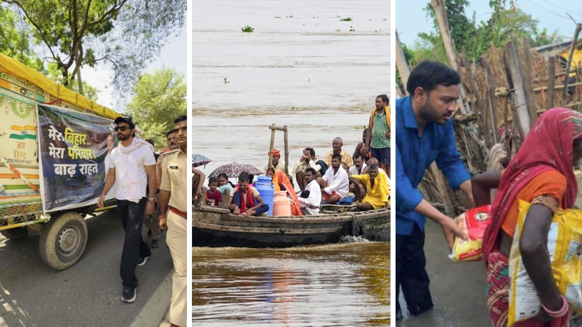 बिहार में बाढ़ पीड़ितों तक राहत सामग्री पहुंचाई जा रही है (Photo-screengrab,PTI)