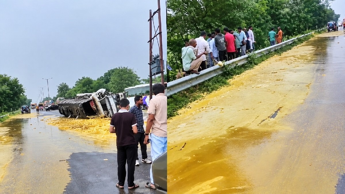 हरियाणा से रुद्रपुर जा रहा घी का ट्रक पलटा.(Photo:ITG)