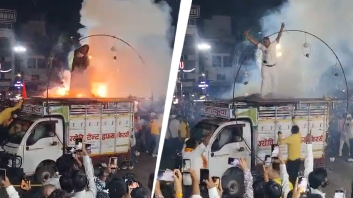 Dangerous Firecracker Stunt in Ujjain Crowd, Man Stands Under Blanket as Video Goes Viral