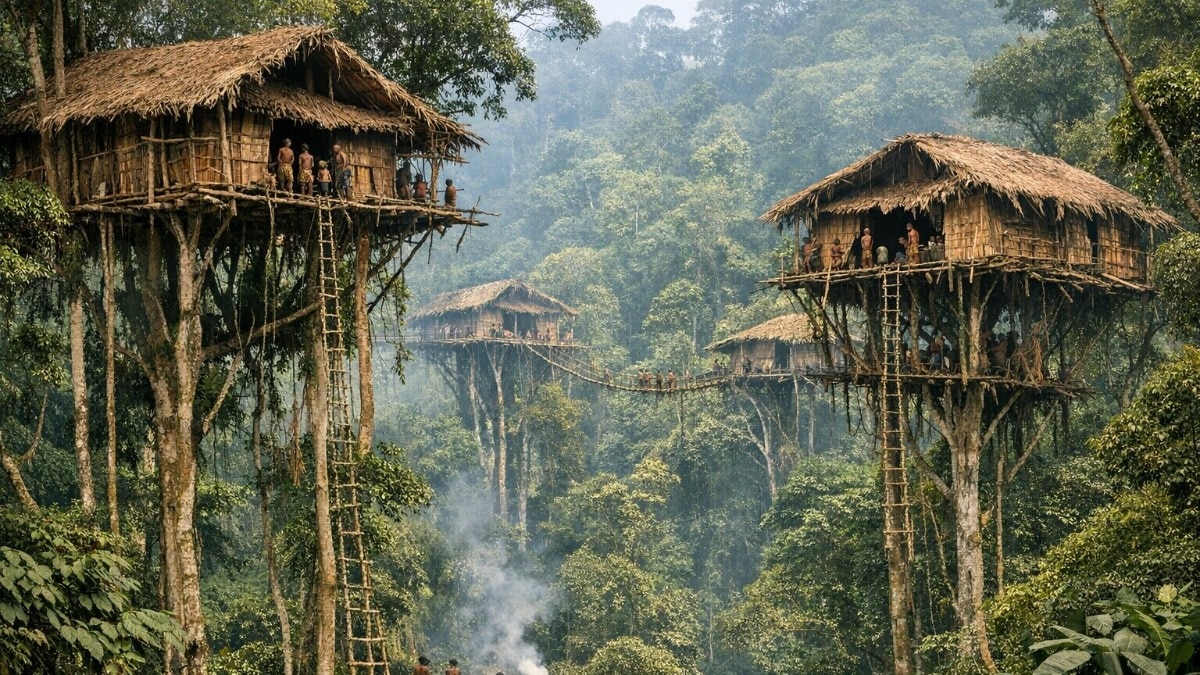 घनें जंगलों के बीच ऊंचे पेड़ों पर घर बनाकर रहते हैं ये लोग (Photo - AI Generated)