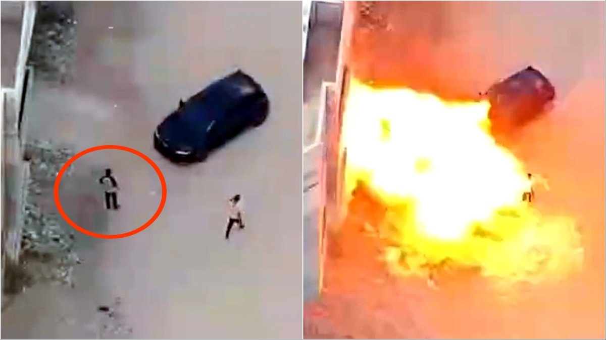 बाईं तस्वीर में लाल घेरे में है वो हमास आतंकी जिसने दो महिलाओं का अपहरण किया था. दाहिनी तस्वीर में उसके ऊपर हुआ एयरस्ट्राइक. (Screengrab:X/@ariel_oseran)