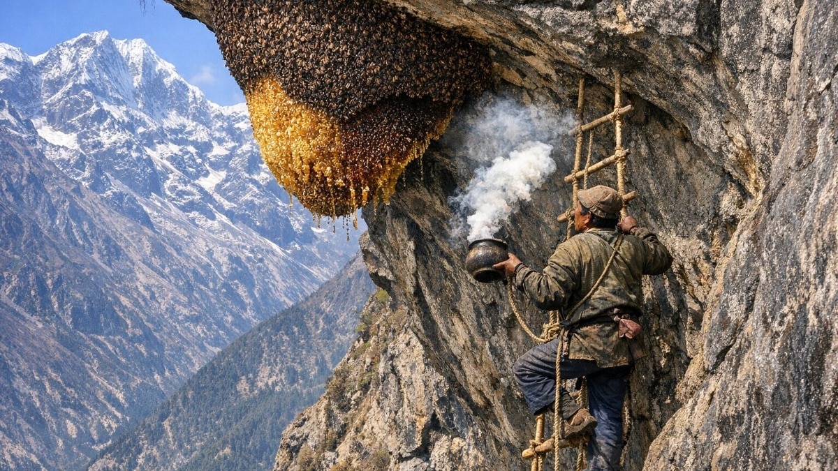 नेपाल में हिमालय की ऊंची पहाड़ों पर 'मैड हनी' का छत्ता बनाती हैं मधुमक्खियां (Photo - AI Generated)