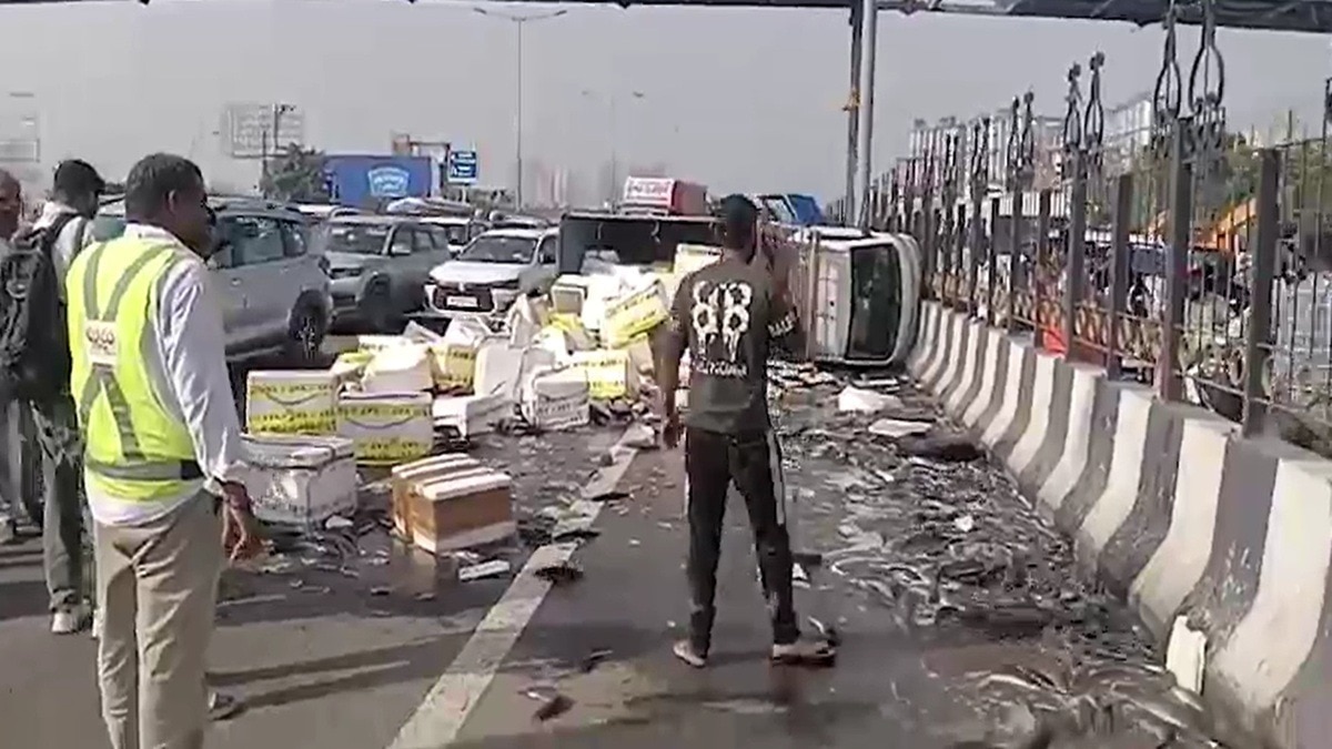 गाजियाबाद में वाहन पलटने के बाद बिखरी पड़ीं मछलियां. (Photo: Screengrabs)