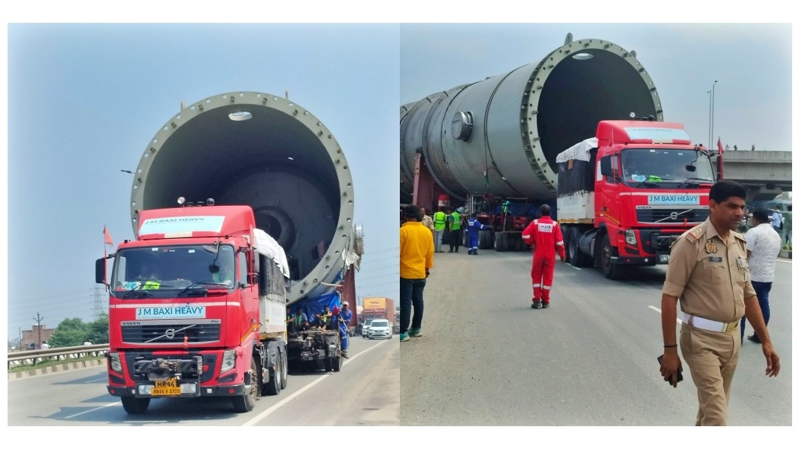 बेल्जियम की मशीन लेकर लखीमपुर जा रहा विशालकाय ट्रक (Photo- ITG) 