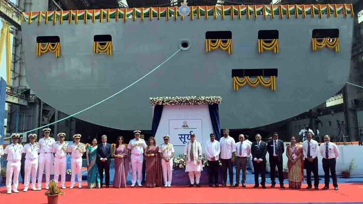 आईएनएस सूर्य के लॉन्च प्रोग्राम में रक्षा मंत्री राजनाथ सिंह. (Photo: X)