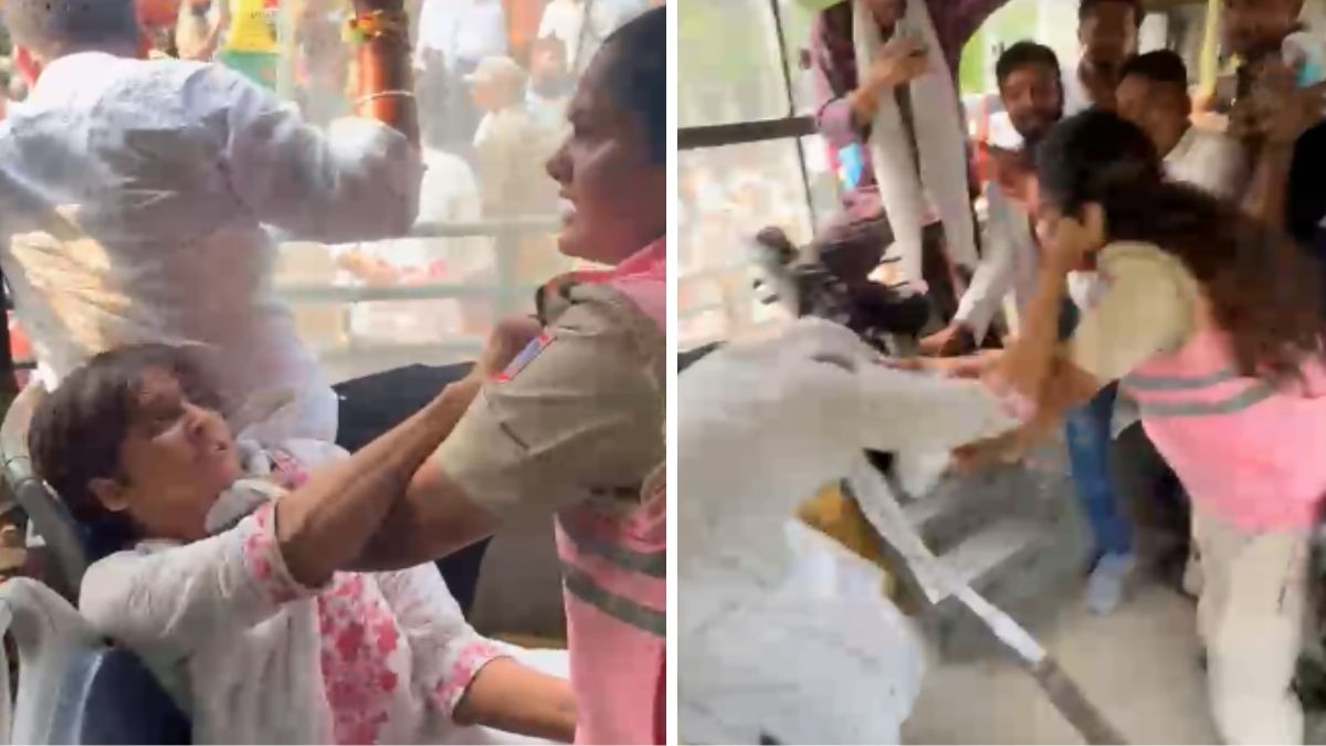 वीडियो में महिला NSUI कार्यकर्ता और पुलिसकर्मी के बीच मारपीट नजर आ रही है (Photo- Screengrab)