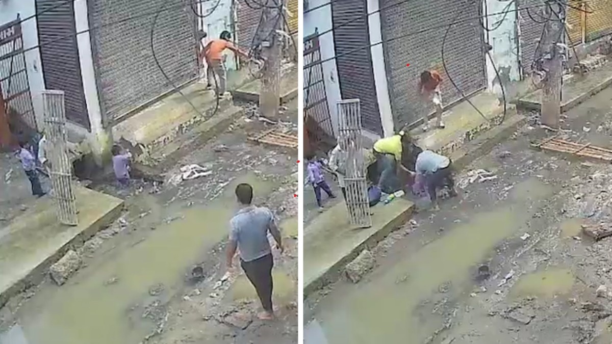 स्थानीय निवासियों ने बच्चे को नाले से बाहर निकाला. (Photo-ITG)