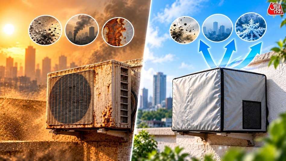 Protective cover for outdoor air conditioner unit costs about 100 rupees and helps prevent repair expenses