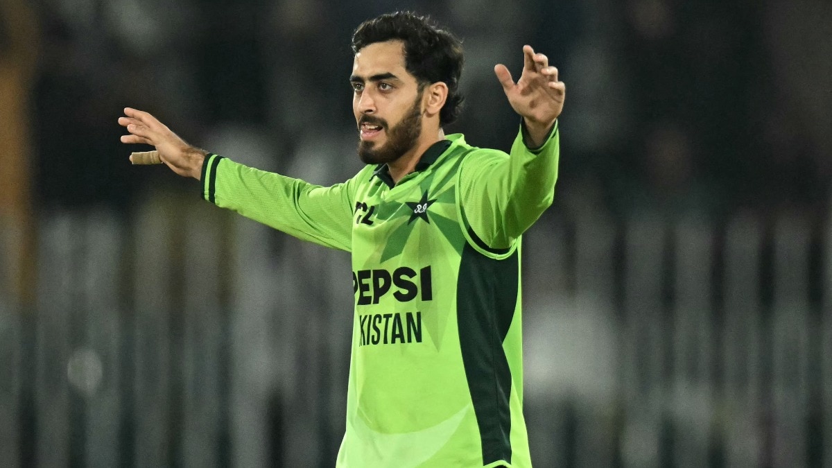 Pakistan's Arafat Minhas celebrates after taking his fifth wicket to dismiss England's Will Jacks during the one-day international (ODI) tri-series cricket match between Pakistan and England at the Rawalpindi Cricket Stadium