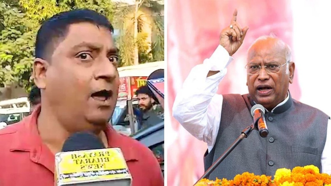 मल्लिकार्जुन खड़गे पटना में एक इवेंट में भाषण दे रहे थे जब उन्हें संतोष ने टोका था. (Photo- Screengrab)