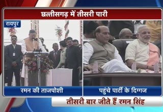 मुख्‍यमंत्री पद की शपथ लेते रमन सिंह