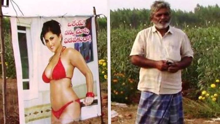 खेत में लगा सनी लियोनी का पोस्टर