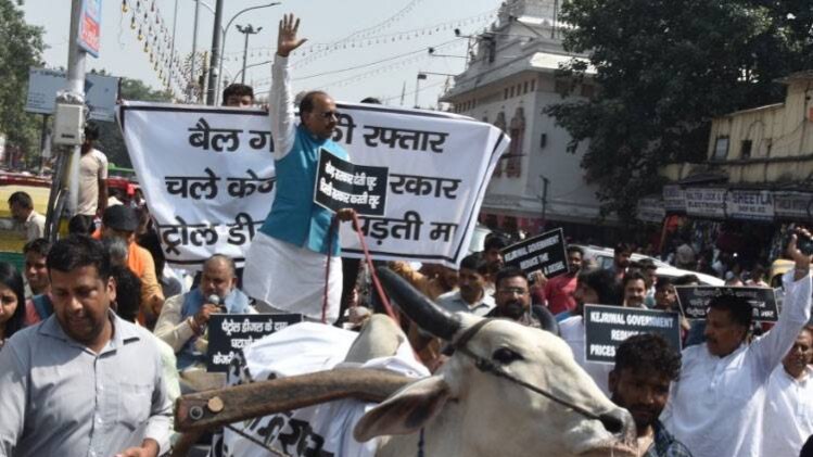 दिल्‍ली में पेट्रोल को लेकर विजय गोयल का बैलगाड़ी प्रदर्शन