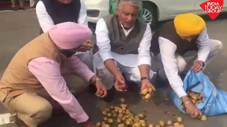 संसद में कांग्रेस पार्टी ने आलू बेचकर जताया विरोध