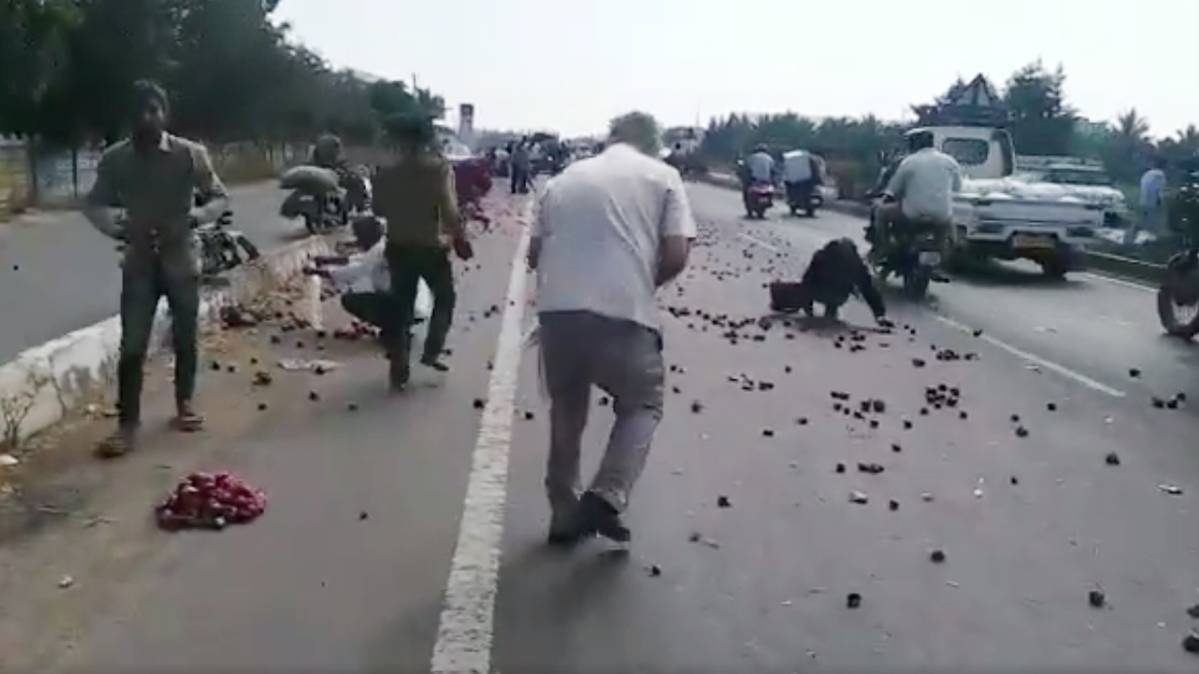 हाइवे पर प्याज भरा ट्रैक्टर पलटा