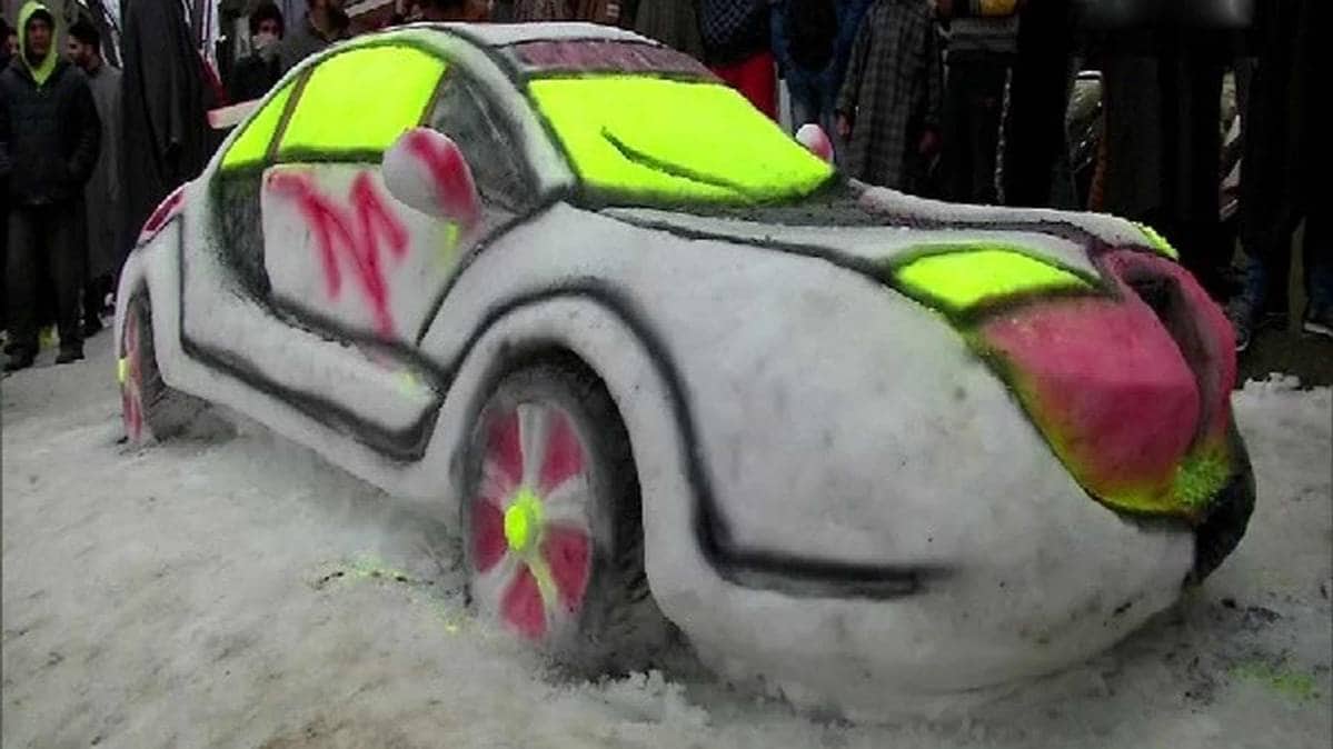 The car model made out of snow in Srinagar, Jammu and Kashmir (Photo ANI)