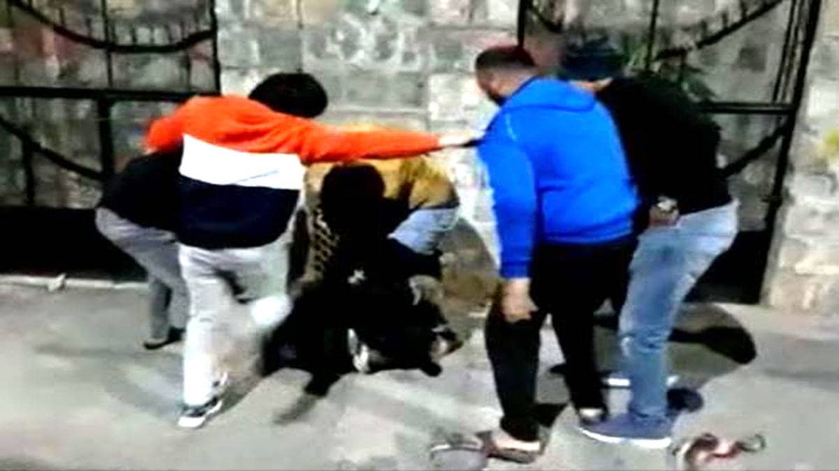 युवक की पिटाई करते हुए दबंग