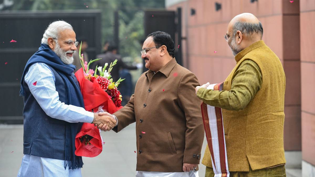 पीएम मोदी संग जेपी नड्डा और अमित शाह (PTI Photo)