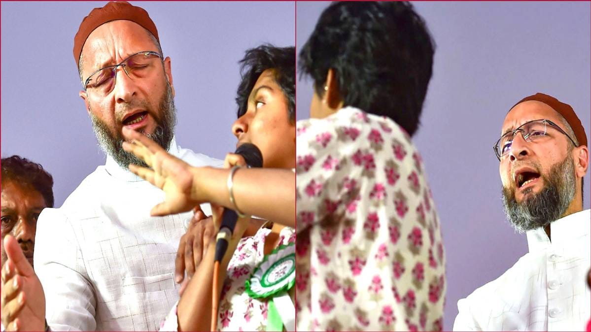 पाक के समर्थन में नारेबाजी करती लड़की को रोकते हुए ओवैसी (फोटो-PTI)