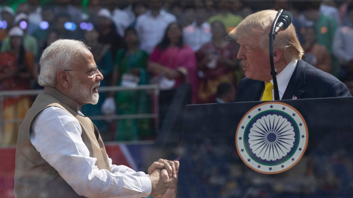 Prime Minister Narendra Modi and US President Donald Trump hug each other after the PM concluded his address at NamasteTrump event, at Motera Stadium in Ahmedabad.