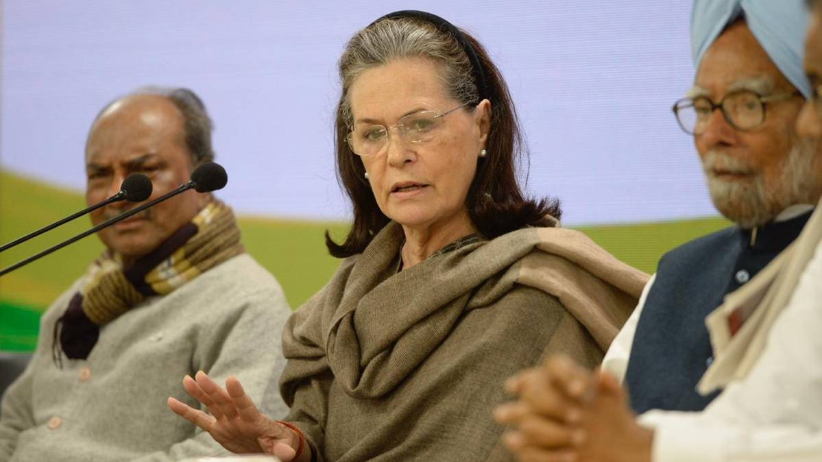 Congress Interim President Sonia Gandhi addresses the media