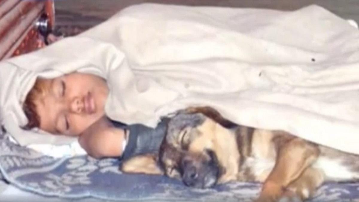Child is sleeping with dog